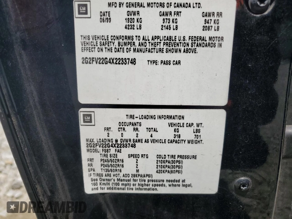 1999 Pontiac Firebird Formula with VIN 2G2FV22G4X2233748, listed as a Copart auction lot 55693535 with 166,622 mi miles and Salvage title. Bid and sale history available at DreamBid. Image 12.