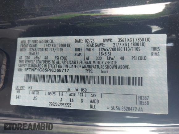 2023 Ford F-150 with VIN 1FTNF1C85PKD68717, listed as a IAAI auction lot 41517107 with 18,748 mi miles and . Bid and sale history available at DreamBid. Image 9.
