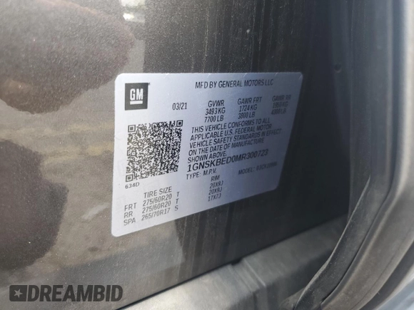 2021 Chevrolet Suburban LS with VIN 1GNSKBED0MR300723, listed as a Copart auction lot 65056755 with 58,497 mi miles and Salvage title. Bid and sale history available at DreamBid. Image 13.