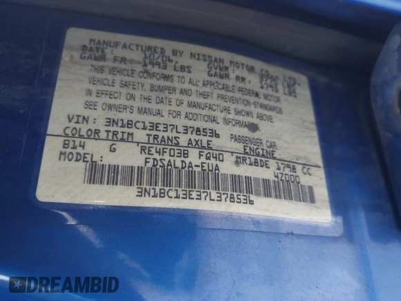 2007 Nissan Versa S z VIN 3N1BC13E37L378536, wystawiony jako IAAI lot #39107705 z przebiegiem 154 183 mil mil oraz . Historia ofert i sprzedaży dostępna na DreamBid. Obrazek 9.
