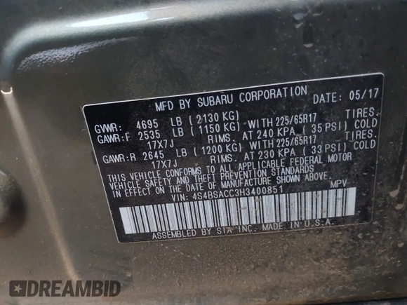 2017 Subaru Outback Premium with VIN 4S4BSACC3H3400851, listed as a IAAI auction lot 42518625 with 89,499 mi miles and . Bid and sale history available at DreamBid. Image 9.