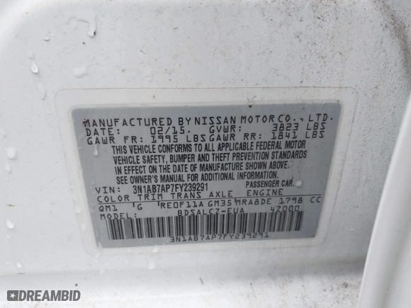 2015 Nissan Sentra S with VIN 3N1AB7AP7FY239291, listed as a IAAI auction lot 41457087 with 120,110 mi miles. Bid and sale history available at carsss.com. Image 9.