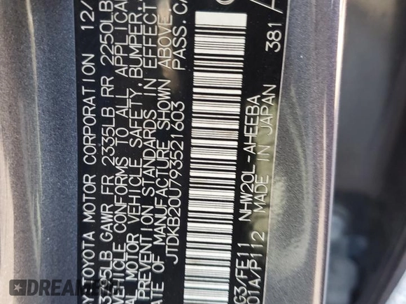 2009 Toyota Prius with VIN JTDKB20U793521603, listed as a Copart auction lot 51932465 with 191,455 mi miles and Salvage Title. Bid and sale history available at carsss.com. Image 13.