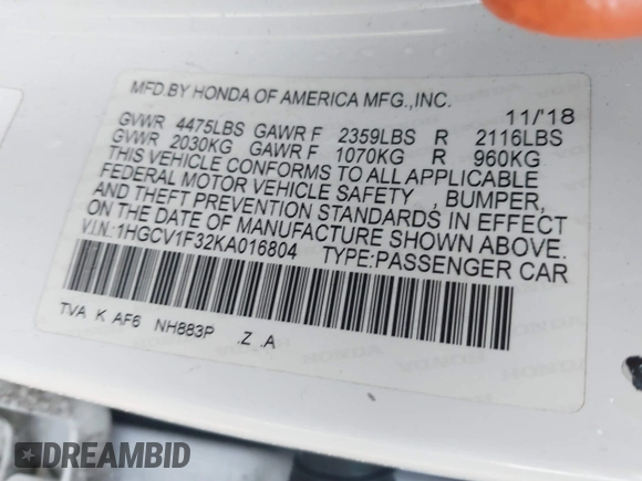 2019 Honda Accord Sedan Sport 1.5T with VIN 1HGCV1F32KA016804, listed as a IAAI auction lot 41743202 with 80,573 mi miles. Bid and sale history available at carsss.com. Image 9.