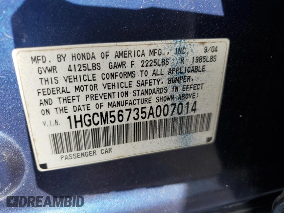 2005 Honda Accord EX with VIN 1HGCM56735A007014, listed as a Copart auction lot 54558455 with 237,511 mi miles and Salvage Title. Bid and sale history available at DreamBid. Image 12.