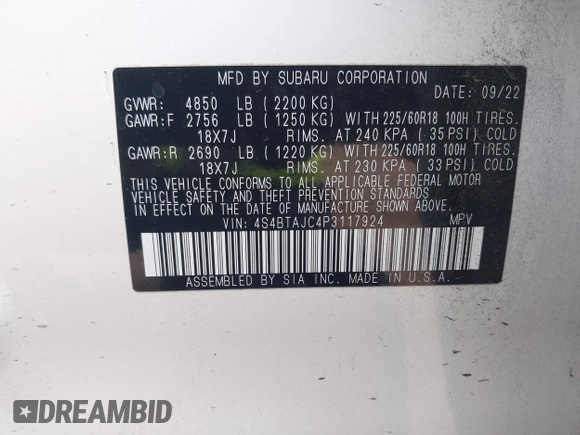 2023 Subaru Outback Onyx with VIN 4S4BTAJC4P3117924, listed as a IAAI auction lot 42021049 with 34,808 mi miles and . Bid and sale history available at DreamBid. Image 9.