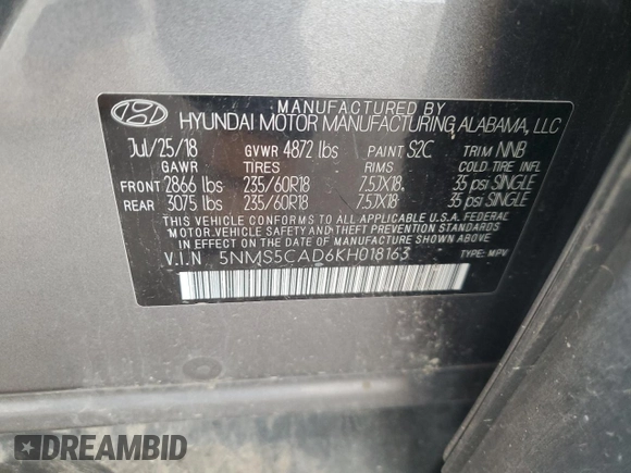 2019 Hyundai Santa Fe Limited with VIN 5NMS5CAD6KH018163, listed as a Copart auction lot 50663845 with 66,452 mi miles and Salvage Title. Bid and sale history available at carsss.com. Image 15.