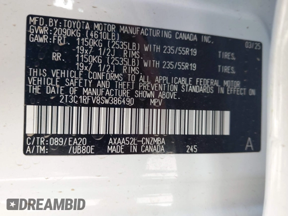 2025 Toyota RAV4 XLE Premium with VIN 2T3C1RFV8SW386490, listed as a IAAI auction lot 42562230 with 3,128 mi miles and . Bid and sale history available at DreamBid. Image 9.