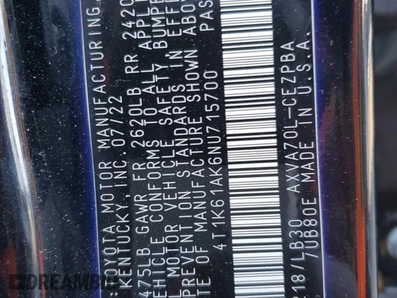 2022 Toyota Camry XSE z VIN 4T1K61AK6NU715700, wystawiony jako Copart lot #45950005 z przebiegiem 52 317 mil mil oraz Szkoda całkowita • Salvage title. Historia ofert i sprzedaży dostępna na DreamBid. Obrazek 12.
