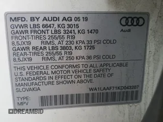 2019 Audi Q7 Premium Plus with VIN WA1LAAF71KD043207, listed as a Copart auction lot 51518805 with 89,782 mi miles and Salvage title. Bid and sale history available at DreamBid. Image 16.