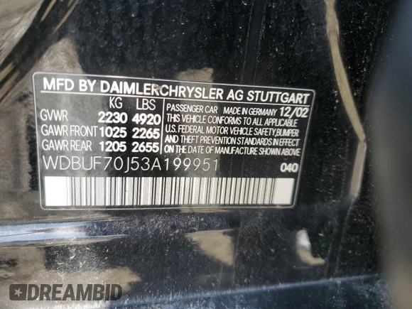 2003 Mercedes-Benz E-Class 5.0L with VIN WDBUF70J53A199951, listed as a Copart auction lot 51138595 with 129,414 mi miles and Salvage Title. Bid and sale history available at carsss.com. Image 12.