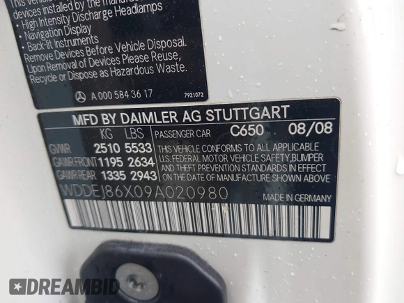 2009 Mercedes-Benz CL 550 with VIN WDDEJ86X09A020980, listed as a IAAI auction lot 41442823 with 132,841 mi miles and . Bid and sale history available at DreamBid. Image 9.