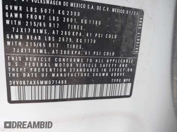 2021 Volkswagen Tiguan S z VIN 3VV0B7AX5MM071469, wystawiony jako IAAI lot #41716496 z przebiegiem 38 213 mil mil oraz . Historia ofert i sprzedaży dostępna na DreamBid. Obrazek 9.