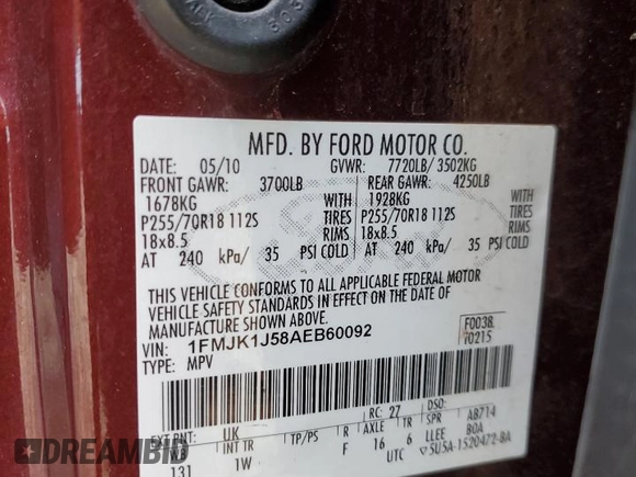 2010 Ford Expedition EL Eddie Bauer with VIN 1FMJK1J58AEB60092, listed as a Copart auction lot 85737164 with 95,388 mi miles and Salvage Title. Bid and sale history available at carsss.com. Image 16.
