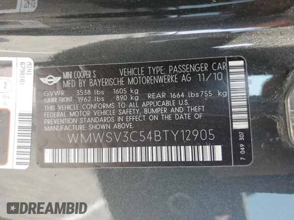 2011 MINI Hardtop S с VIN WMWSV3C54BTY12905, выставлен на аукционе Copart как лот 60280375 с пробегом 126 319 миль миль и Чистый • Clean title. История ставок и продаж доступна на DreamBid. Изображение 12.