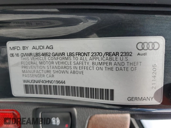 2017 Audi A4 Premium with VIN WAUGNAF40HN019644, listed as a Copart auction lot 55130865 with 84,117 mi miles and Clean Title. Bid and sale history available at carsss.com. Image 12.