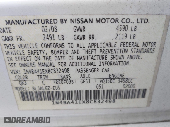 2008 Nissan Maxima 3.5 SL with VIN 1N4BA41EX8C832498, listed as a IAAI auction lot 41985509 with 175,209 mi miles. Bid and sale history available at carsss.com. Image 9.