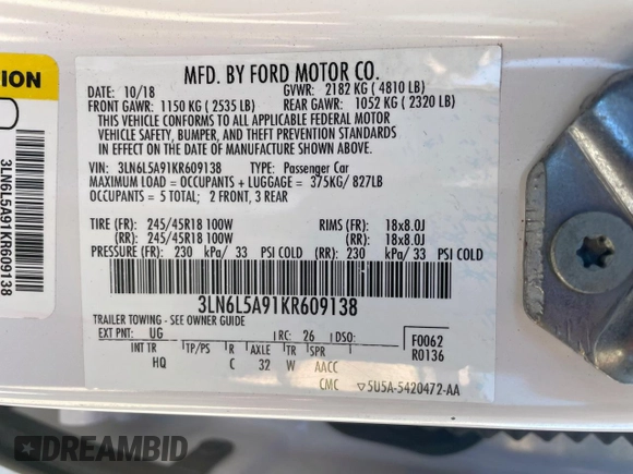 2019 Lincoln MKZ Standard with VIN 3LN6L5A91KR609138, listed as a Copart auction lot 47172775 with 81,854 mi miles and Salvage Title. Bid and sale history available at carsss.com. Image 10.
