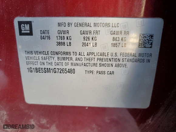 2016 Chevrolet Cruze LT with VIN 1G1BE5SM1G7265480, listed as a Copart auction lot 48667355 with 119,251 mi miles and Salvage Title. Bid and sale history available at carsss.com. Image 15.