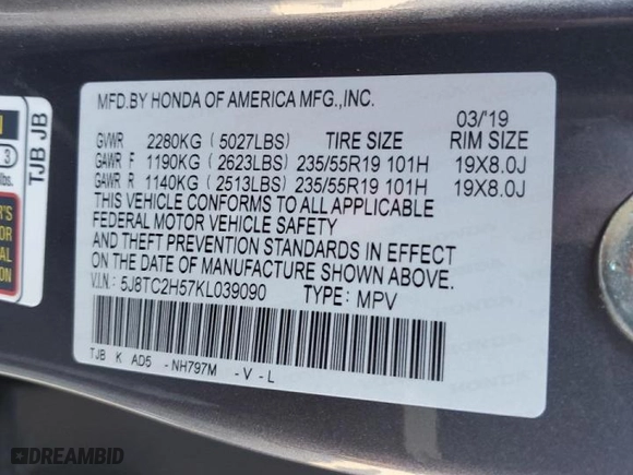 2019 Acura RDX w/Technology Pkg with VIN 5J8TC2H57KL039090, listed as a Copart auction lot 44171895 with 44,142 mi miles and Salvage Title. Bid and sale history available at carsss.com. Image 13.