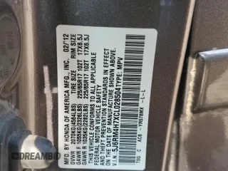 2012 Honda CR-V EX-L with VIN 5J6RM4H7XCL028504, listed as a Copart auction lot 57231965 with 182,985 mi miles and Salvage title. Bid and sale history available at DreamBid. Image 12.