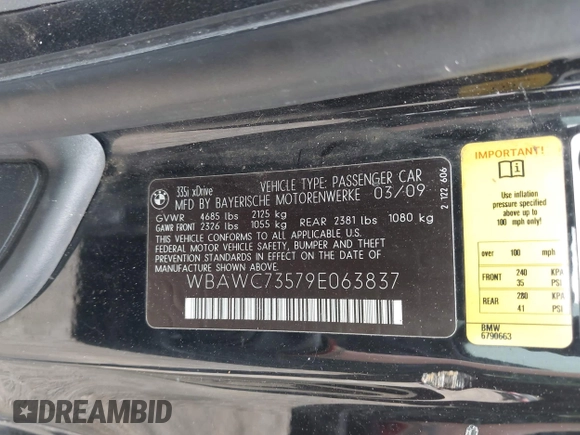 2009 BMW 3 Series 335i xDrive with VIN WBAWC73579E063837, listed as a IAAI auction lot 42496479 with Not provided miles and . Bid and sale history available at DreamBid. Image 9.
