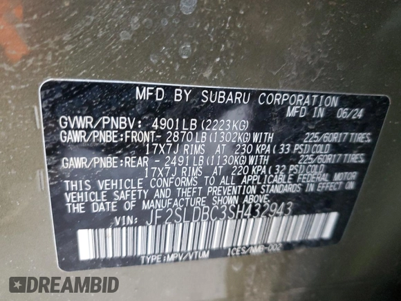 2025 Subaru Forester Premium with VIN JF2SLDBC3SH432943, listed as a Copart auction lot 86817514 with 3,807 mi miles and Salvage Title. Bid and sale history available at carsss.com. Image 15.