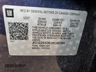 2018 Chevrolet Impala Premier with VIN 2G1125S30J9149785, listed as a Copart auction lot 53865465 with 82,582 mi miles and Salvage Title. Bid and sale history available at DreamBid. Image 12.