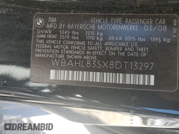 2008 BMW 7 Series 750i with VIN WBAHL835X8DT13297, listed as a Copart auction lot 61523864 with Not Provided miles and Salvage Title. Bid and sale history available at DreamBid. Image 12.