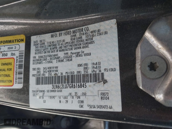 2016 Lincoln MKZ Hybrid with VIN 3LN6L2LU7GR616845, listed as a IAAI auction lot 42651286 with Not provided miles and . Bid and sale history available at DreamBid. Image 9.