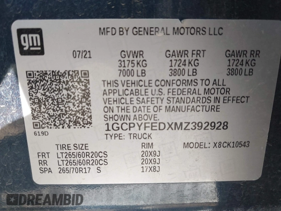 2021 Chevrolet Silverado 1500 LT Trail Boss with VIN 1GCPYFEDXMZ392928, listed as a IAAI auction lot 41340856 with 52,361 mi miles and . Bid and sale history available at DreamBid. Image 9.