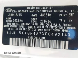 2015 Kia Optima EX with VIN 5XXGN4A7XFG492143, listed as a IAAI auction lot 41383518 with 135,353 mi miles. Bid and sale history available at carsss.com. Image 9.