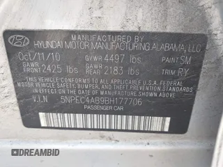 2011 Hyundai Sonata Limited with VIN 5NPEC4AB9BH177706, listed as a IAAI auction lot 42112012 with 247,547 mi miles and . Bid and sale history available at DreamBid. Image 9.