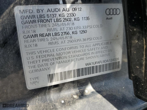 2013 Audi allroad Premium Plus with VIN WA1UFAFL9DA124026, listed as a Copart auction lot 63621474 with 130,664 mi miles and Salvage Title. Bid and sale history available at carsss.com. Image 12.