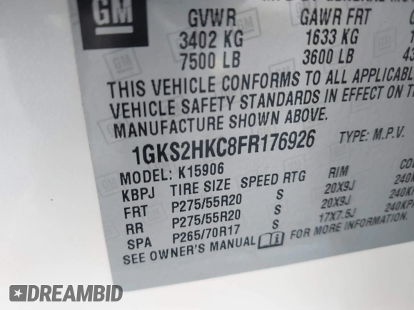 2015 GMC Yukon XL SLT with VIN 1GKS2HKC8FR176926, listed as a IAAI auction lot 41444930 with 1 mi miles. Bid and sale history available at carsss.com. Image 9.