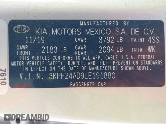 2020 Kia Forte LXS with VIN 3KPF24AD9LE191880, listed as a IAAI auction lot 42036755 with 177,570 mi miles and . Bid and sale history available at carsss.com. Image 9.