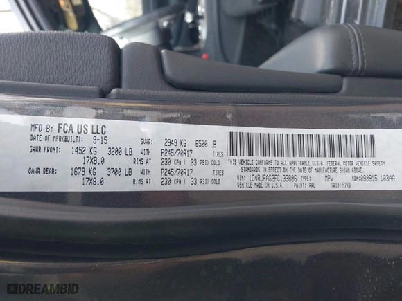 2015 Jeep Grand Cherokee Laredo with VIN 1C4RJFAG2FC133806, listed as a IAAI auction lot 41732455 with 67,955 mi miles. Bid and sale history available at carsss.com. Image 9.