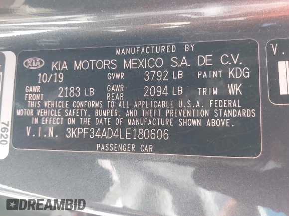 2020 Kia Forte GT-Line z VIN 3KPF34AD4LE180606, wystawiony jako IAAI lot #42311974 z przebiegiem 46 088 mil mil oraz . Historia ofert i sprzedaży dostępna na DreamBid. Obrazek 9.