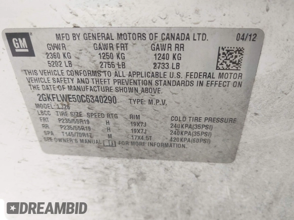 2012 GMC Terrain SLT-2 with VIN 2GKFLWE50C6340290, listed as a IAAI auction lot 41993692 with 272,171 mi miles. Bid and sale history available at carsss.com. Image 9.