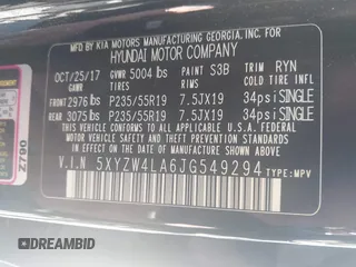 2018 Hyundai Santa Fe Ultimate with VIN 5XYZW4LA6JG549294, listed as a IAAI auction lot 41890014 with 66,845 mi miles and . Bid and sale history available at DreamBid. Image 9.
