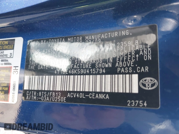 2009 Toyota Camry with VIN 4T1BE46K59U415794, listed as a IAAI auction lot 42048872 with 142,200 mi miles. Bid and sale history available at carsss.com. Image 9.