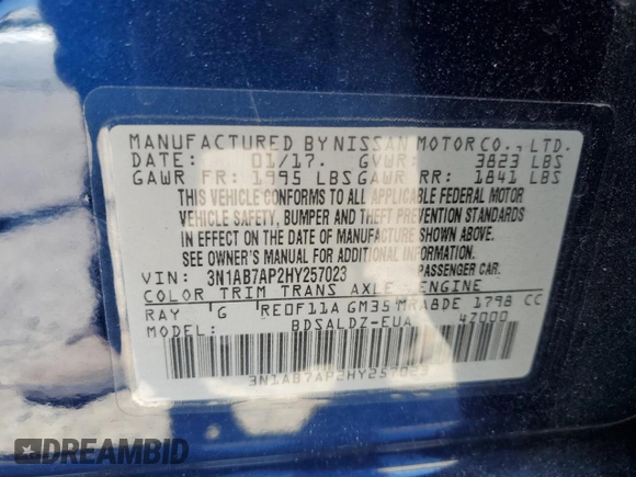 2017 Nissan Sentra SR with VIN 3N1AB7AP2HY257023, listed as a Copart auction lot 61176275 with 141,232 mi miles and Salvage title. Bid and sale history available at DreamBid. Image 13.