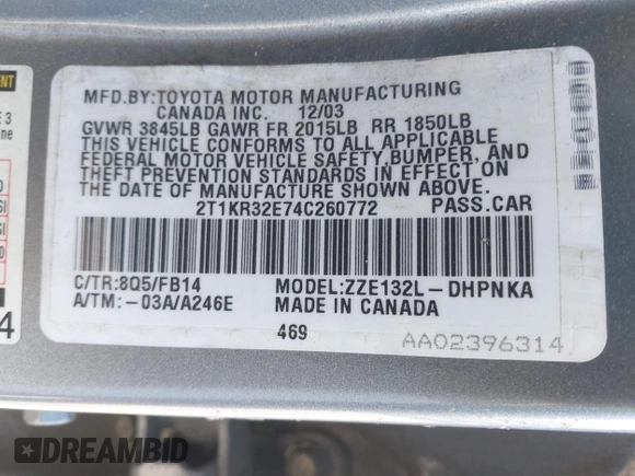 2004 Toyota Matrix Std with VIN 2T1KR32E74C260772, listed as a IAAI auction lot 42183991 with 1 mi miles. Bid and sale history available at carsss.com. Image 9.