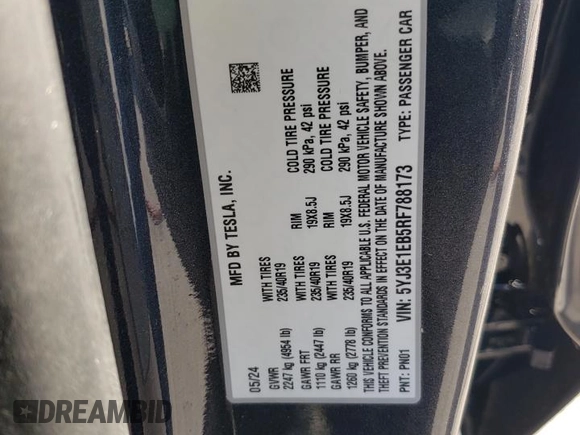 2024 Tesla Model 3 Long Range with VIN 5YJ3E1EB5RF788173, listed as a Copart auction lot 52053955 with 11,863 mi miles and Salvage Title. Bid and sale history available at DreamBid. Image 12.