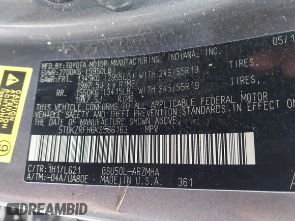 2019 Toyota Highlander SE с VIN 5TDKZRFH6KS566163, выставлен на аукционе IAAI как лот 41714920 с пробегом 87 132 миль миль и . История ставок и продаж доступна на DreamBid. Изображение 9.