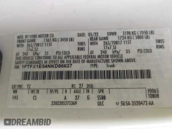 2022 Ford F-150 XL z VIN 1FTFX1E54NKD86627, wystawiony jako IAAI lot #41362024 z przebiegiem 32 712 mil mil oraz . Historia ofert i sprzedaży dostępna na DreamBid. Obrazek 9.