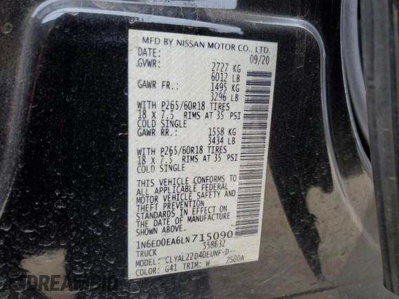 2020 Nissan Frontier S z VIN 1N6ED0EA6LN715090, wystawiony jako Copart lot #46193545 z przebiegiem 57 848 mil mil oraz Czysty tytuł • Clean title. Historia ofert i sprzedaży dostępna na DreamBid. Obrazek 12.