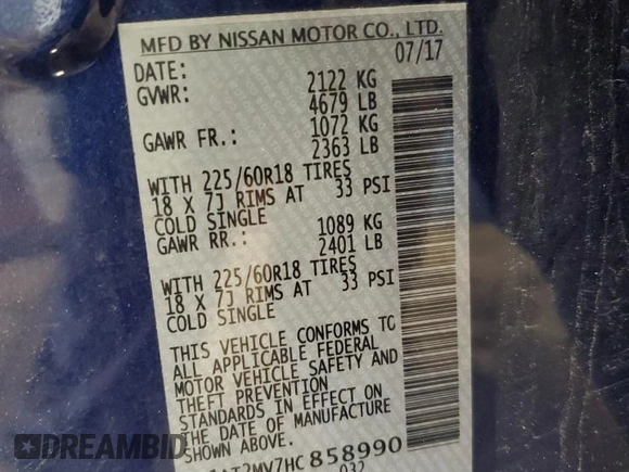 2017 Nissan Rogue SV with VIN 5N1AT2MV7HC858990, listed as a Copart auction lot 55494495 with 108,589 mi miles and Salvage title. Bid and sale history available at DreamBid. Image 14.