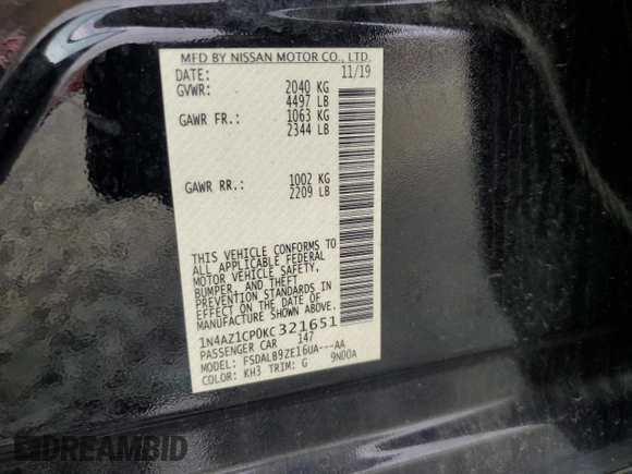 2019 Nissan LEAF SV with VIN 1N4AZ1CP0KC321651, listed as a Copart auction lot 49862805 with 46,771 mi miles and Salvage title. Bid and sale history available at DreamBid. Image 12.