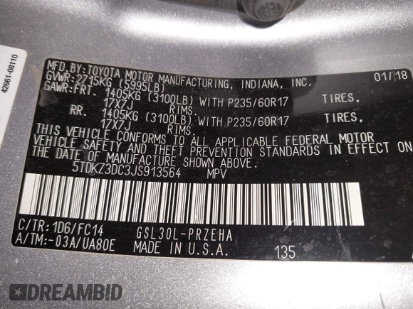 2018 Toyota Sienna LE Auto Access Seat with VIN 5TDKZ3DC3JS913564, listed as a IAAI auction lot 41657326 with 107,166 mi miles and . Bid and sale history available at DreamBid. Image 9.